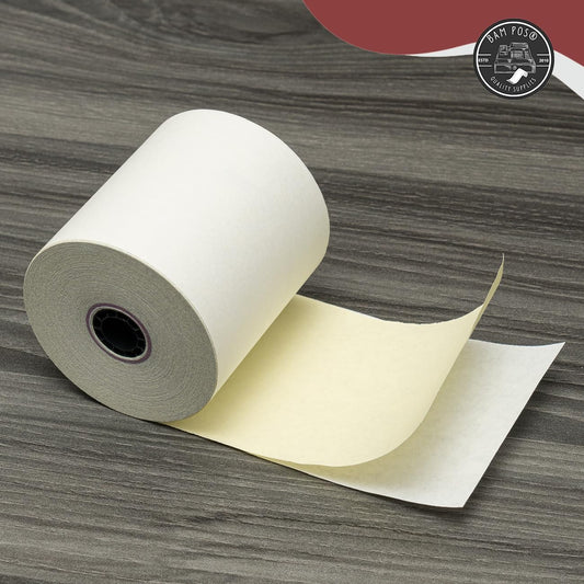 Two Ply Carbonless Rolls - Easy to Install - Clear & Crisp Copies - White/Canary - 3” x 90 Feet (30 Rolls Per Carton)