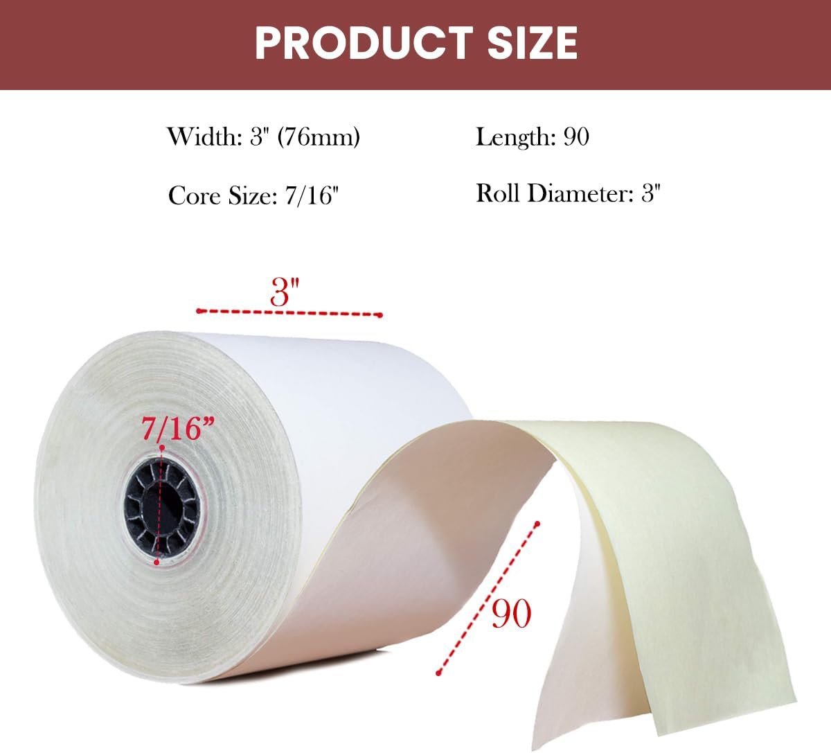 Two Ply Carbonless Rolls - Easy to Install - Clear & Crisp Copies - White/Canary - 3” x 90 Feet (30 Rolls Per Carton)