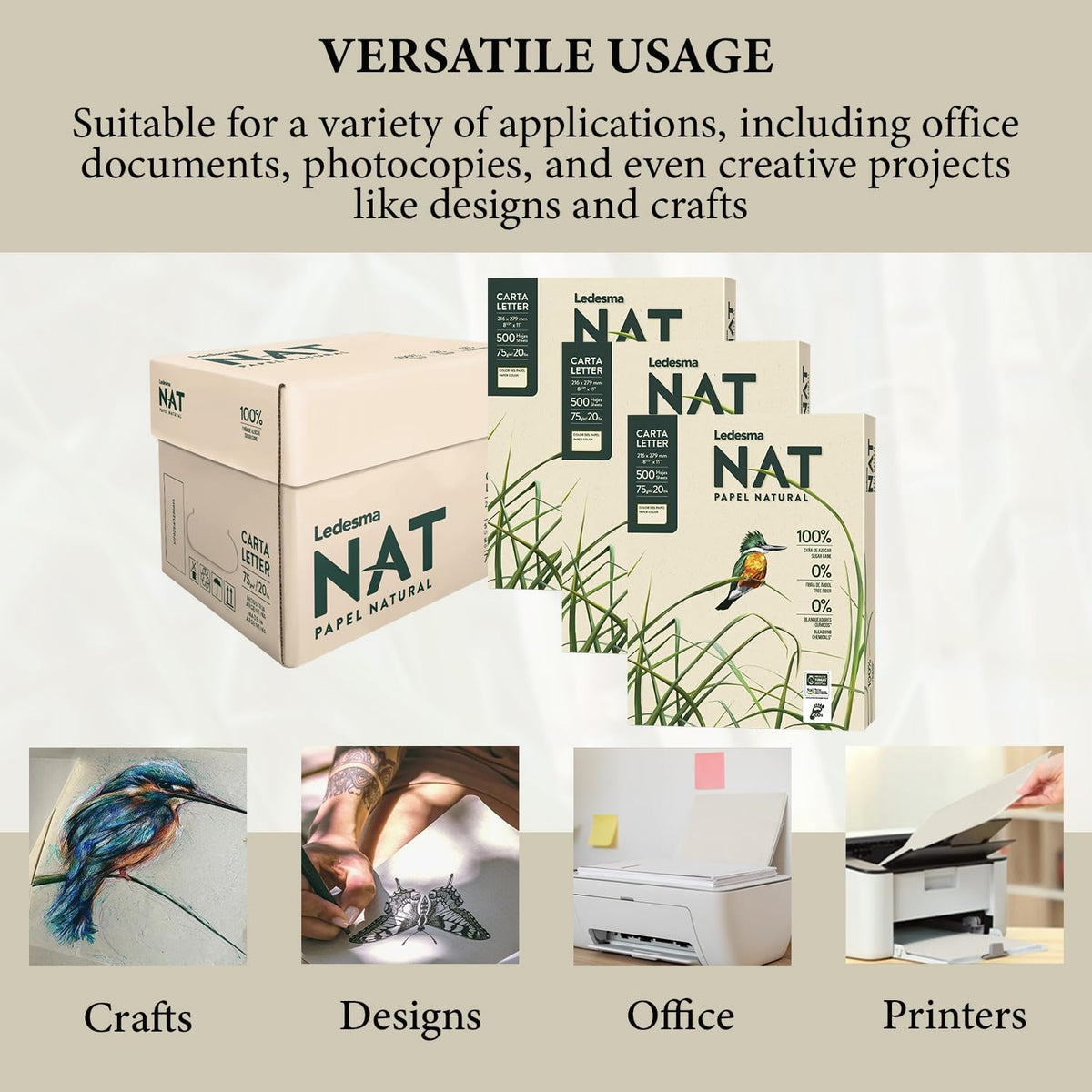 Ledesma NAT, Letter Size (8.5"x11") Natural Sugarcane Pulp Printer Paper, for All Office and Photocopy Printers, Designs, Crafts (3 Reams (1500 Sheets))
